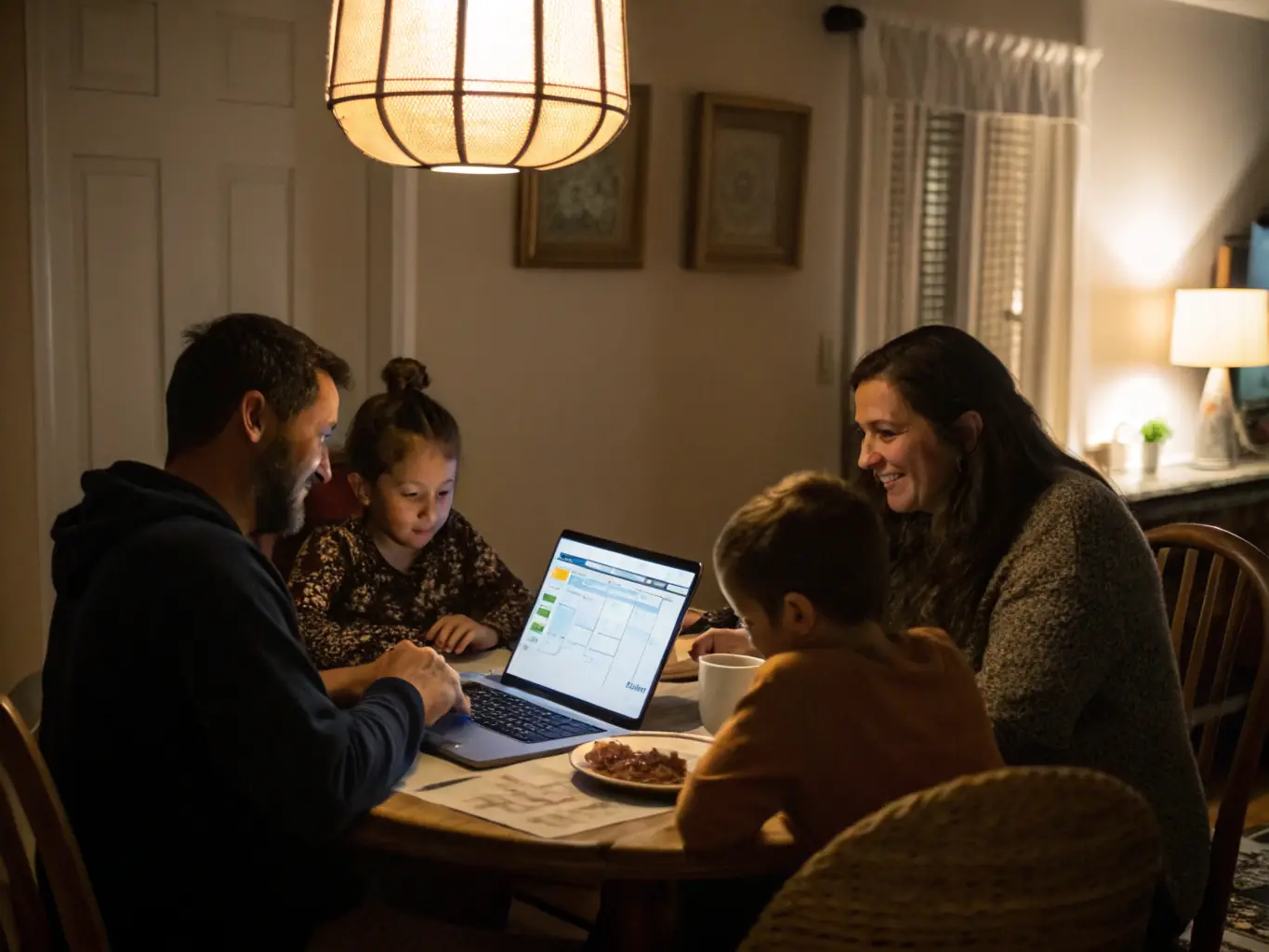 A family sitting together at a table, reviewing financial documents and smiling, symbolizing the importance of family financial planning.