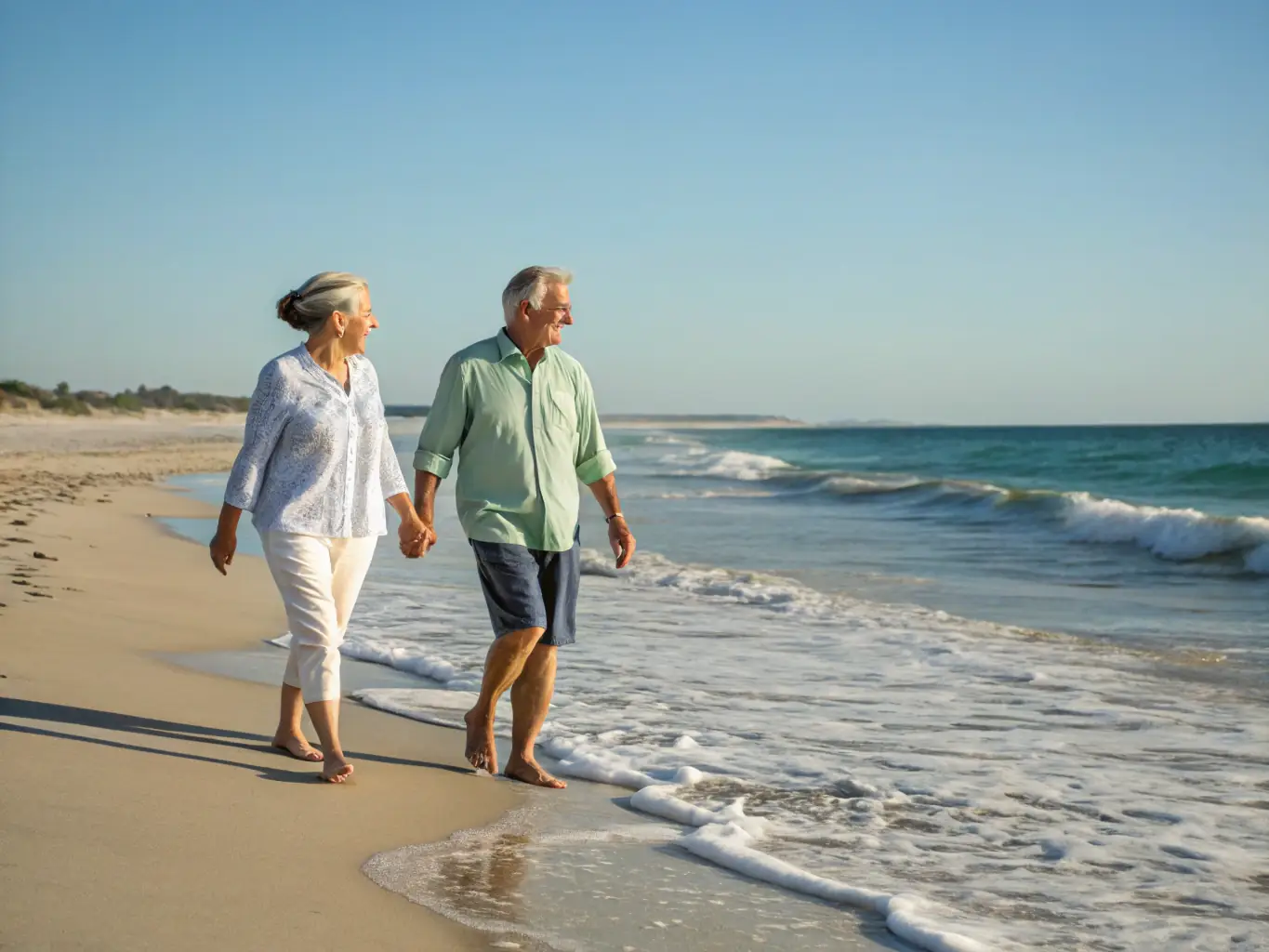 An elderly couple smiling and holding hands on a beach, representing a secure and happy retirement.