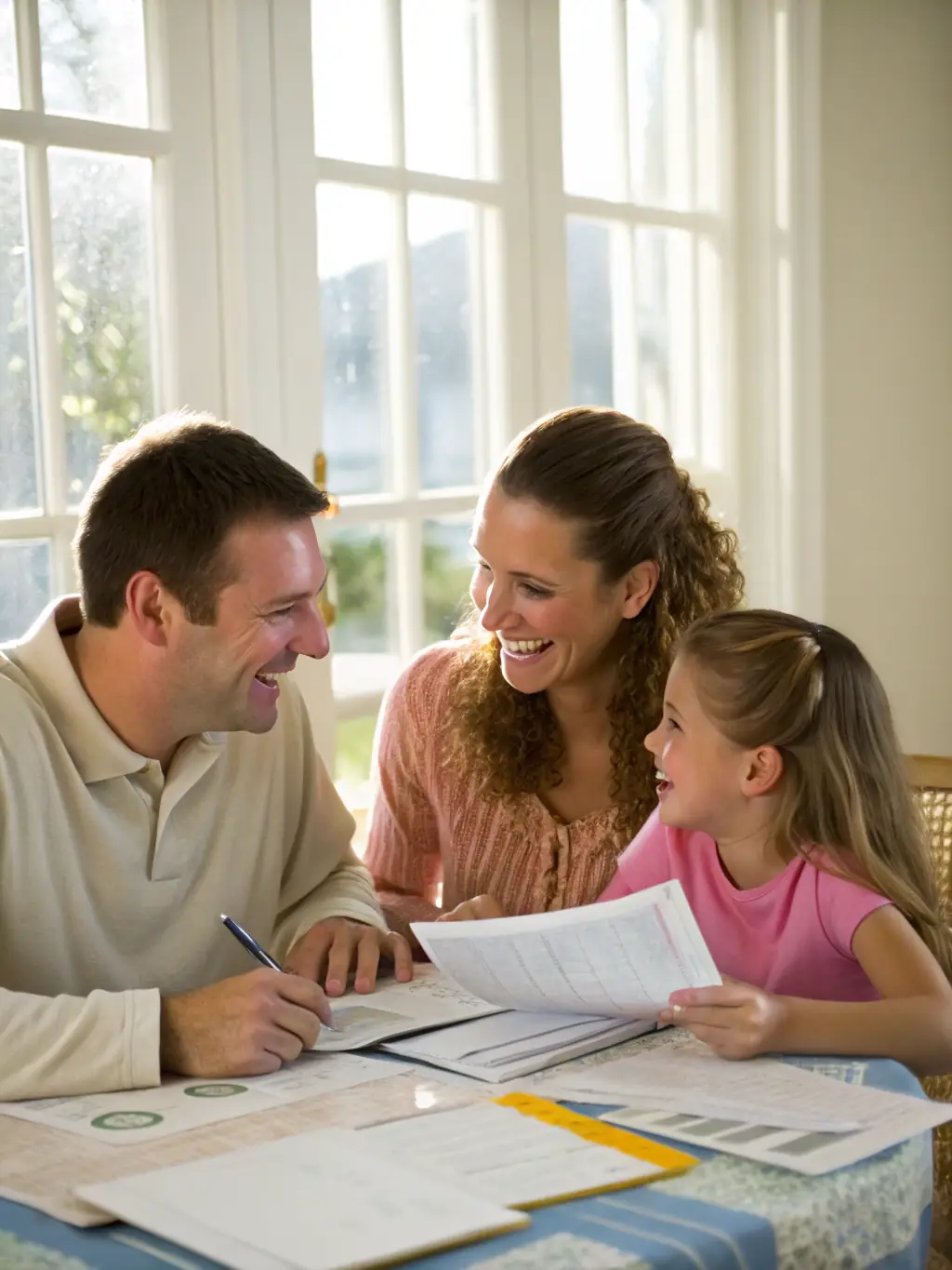 A South African family happily reviewing investment portfolios together at their dining table, sunlight streaming through the window, symbolizing financial planning.